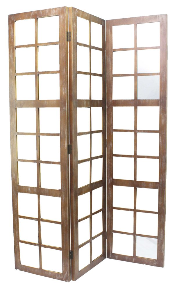 84" Brown Glass Folding Three Panel Screen Room Divider HomeRoots