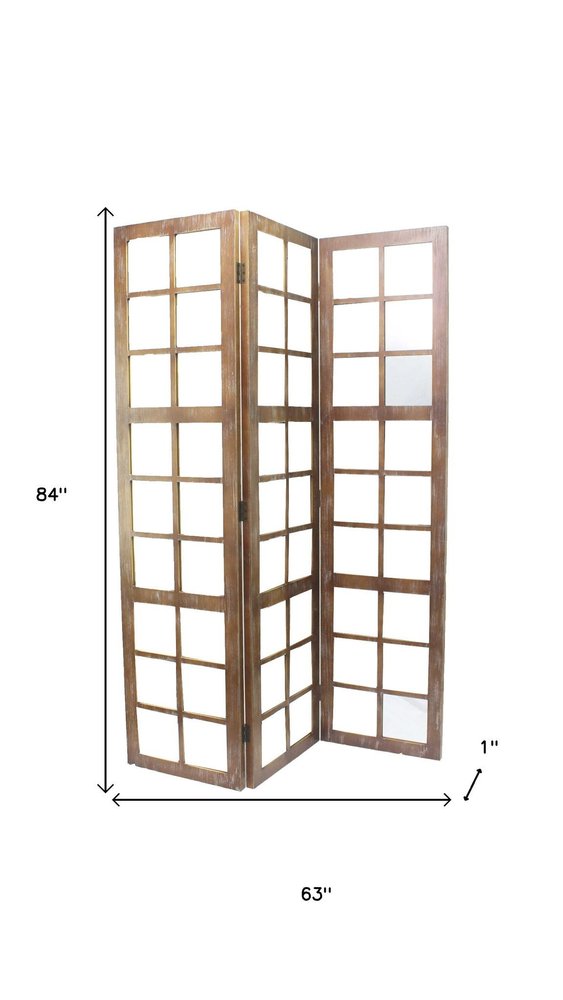 84" Brown Glass Folding Three Panel Screen Room Divider HomeRoots
