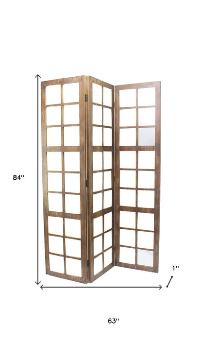 84" Brown Glass Folding Three Panel Screen Room Divider HomeRoots
