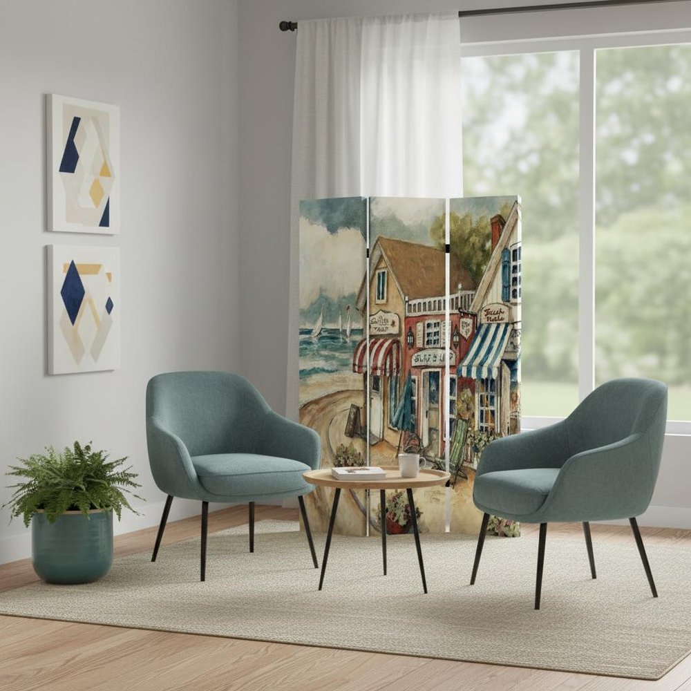 72" Beige Canvas Folding Three Panel Screen Room Divider HomeRoots