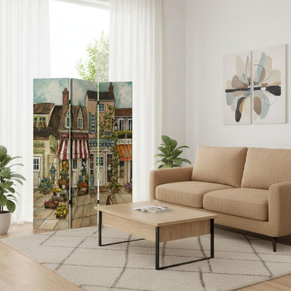72" Beige Canvas Folding Three Panel Screen Room Divider HomeRoots