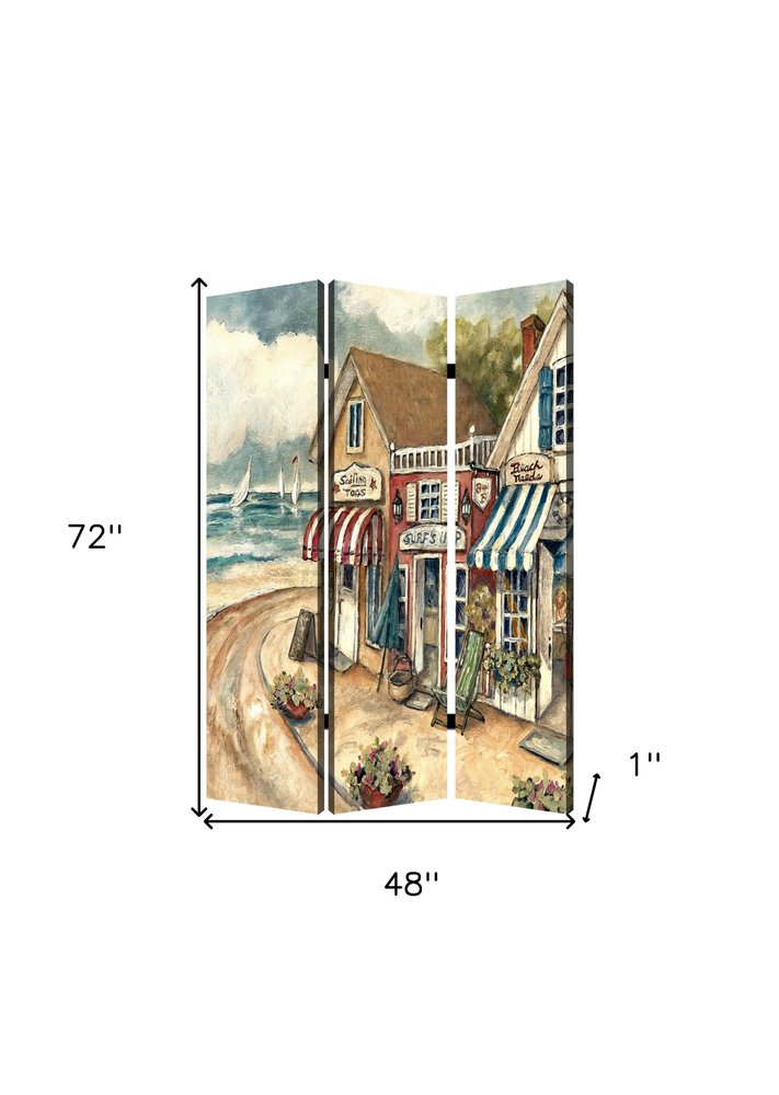 72" Beige Canvas Folding Three Panel Screen Room Divider HomeRoots