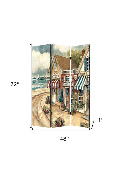 72" Beige Canvas Folding Three Panel Screen Room Divider HomeRoots