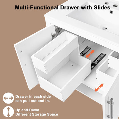 30" Bathroom Vanity with Sink Multi-functional Bathroom Cabinet with Doors and Drawers Solid Frame and MDF Board, White - FurniFindUSA