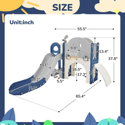 Kids Slide Playset Structure 7 in 1, Freestanding Spaceship Set with Slide, Arch Tunnel Blue+Grey + HDPE - FurniFindUSA