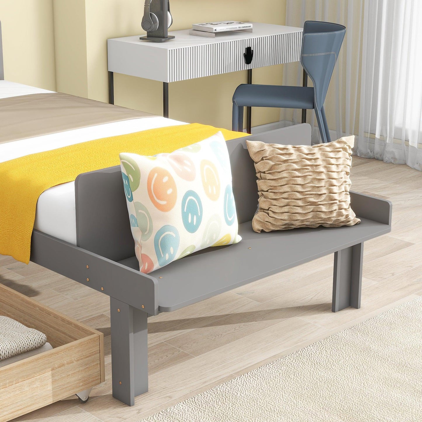 Twin Bed with Footboard Bench 2 drawers Grey - FurniFindUSA