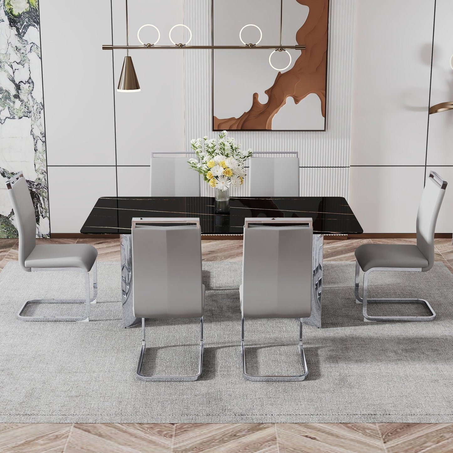 Modern minimalist dining table The black imitation marble glass desktop is equipped with silver metal legs - FurniFindUSA