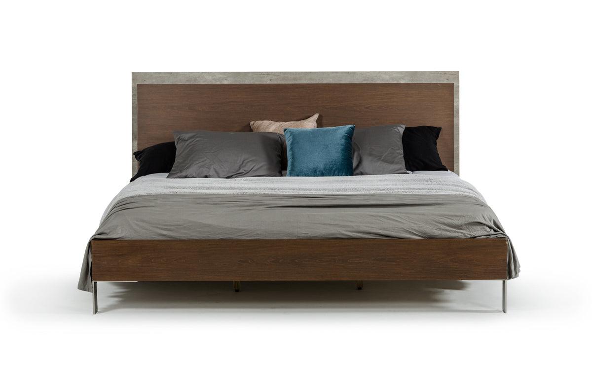 Modern Dark Walnut & Concrete Queen Bed - FurniFindUSA