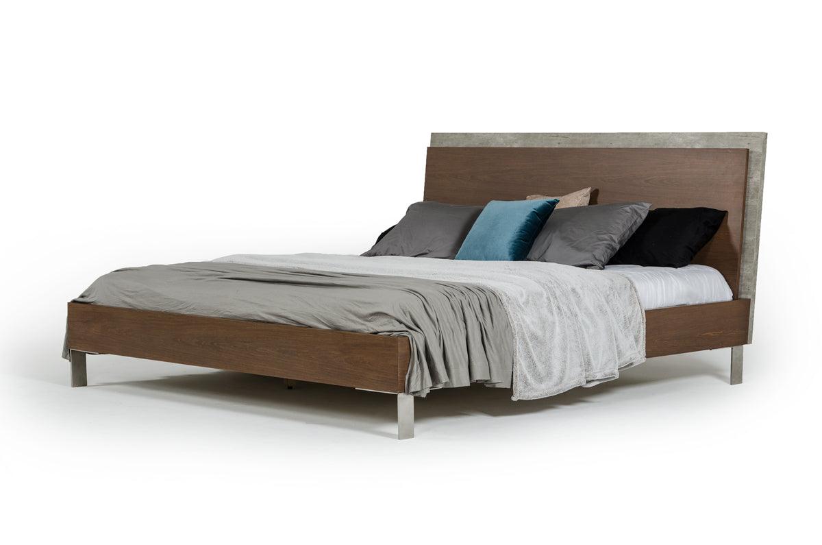 Modern Dark Walnut & Concrete Queen Bed - FurniFindUSA