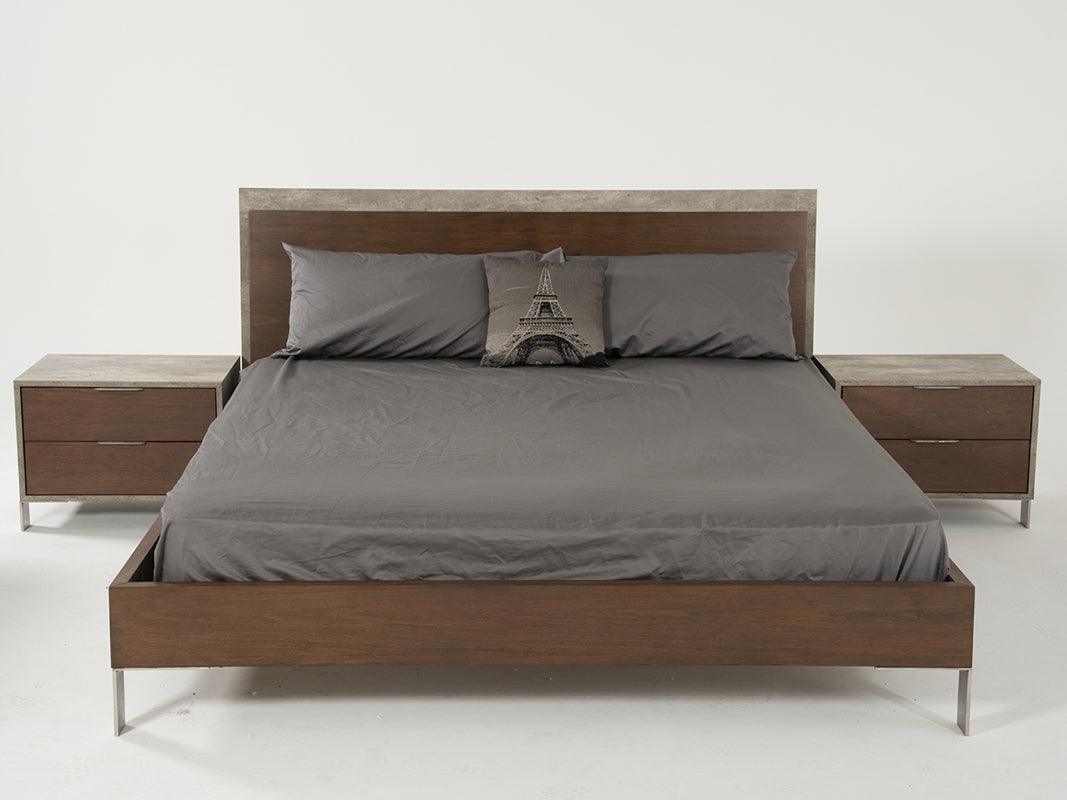 Modern Dark Walnut & Concrete Queen Bed - FurniFindUSA