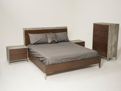 Modern Dark Walnut & Concrete Queen Bed - FurniFindUSA