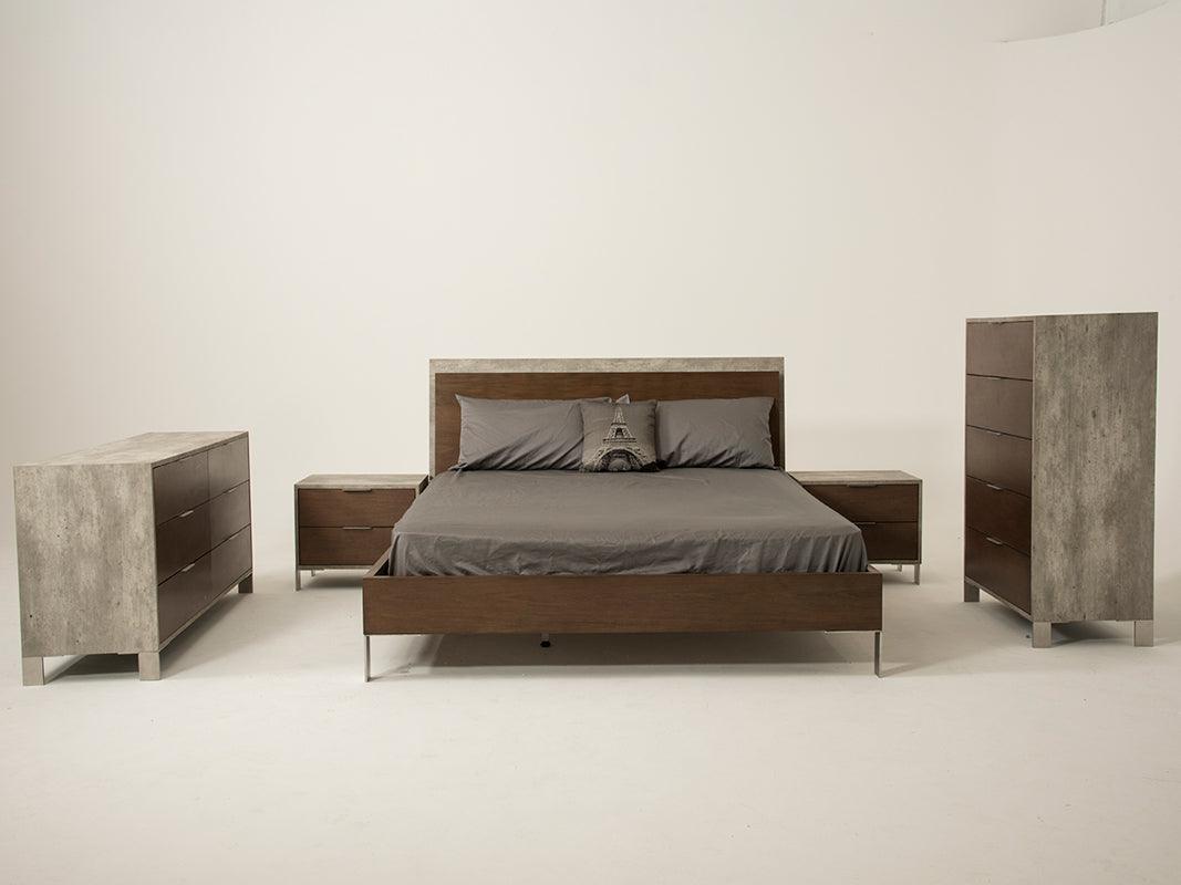 Modern Dark Walnut & Concrete Queen Bed - FurniFindUSA