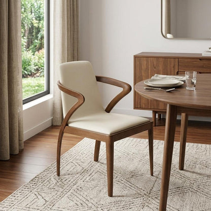 Cream and Brown Upholstered Faux Leather Dining Arm Chair HomeRoots