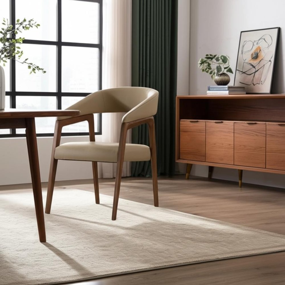 Taupe and Brown Upholstered Faux Leather Curved Back Dining Arm Chair HomeRoots