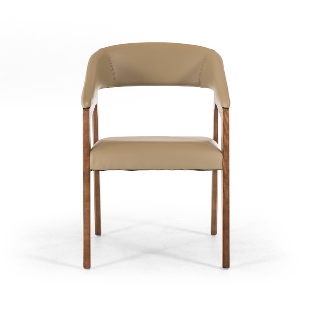 Taupe and Brown Upholstered Faux Leather Curved Back Dining Arm Chair HomeRoots