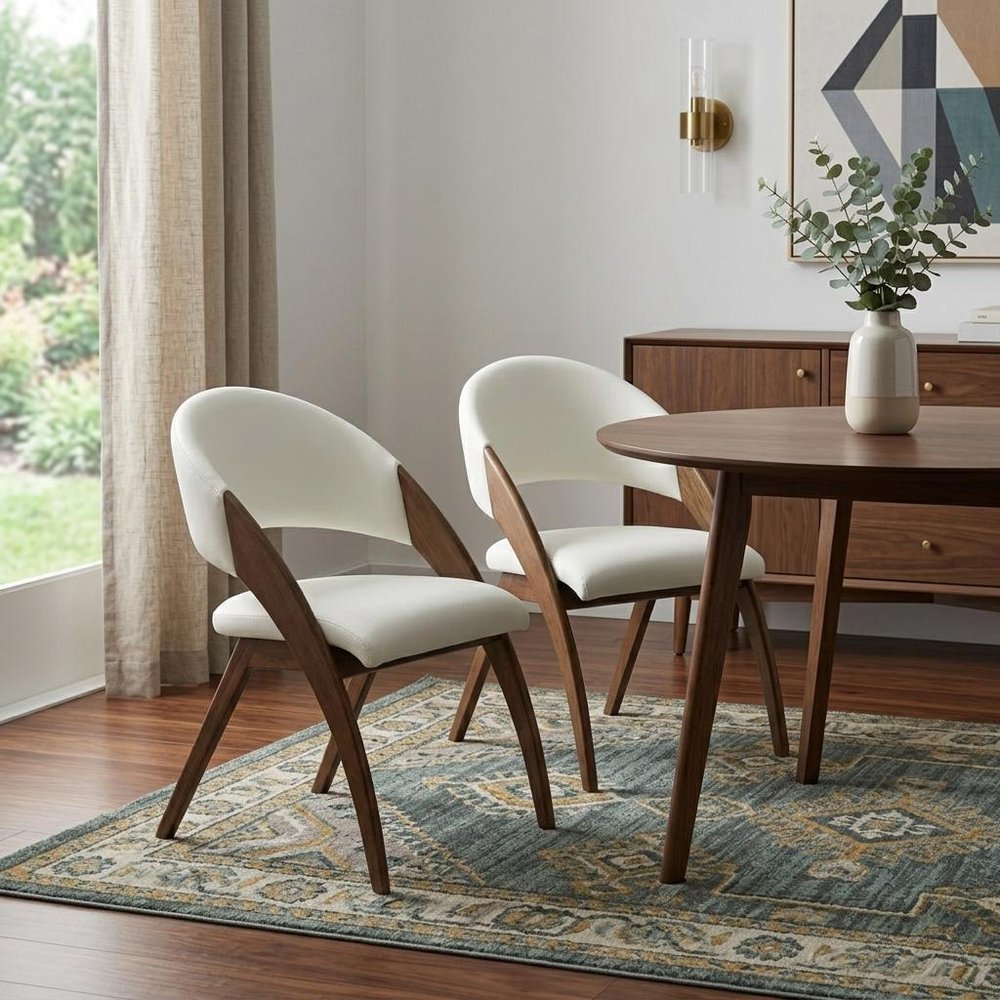 Set of Two Cream and Brown Upholstered Faux Leather Open Back Dining Arm Chairs HomeRoots