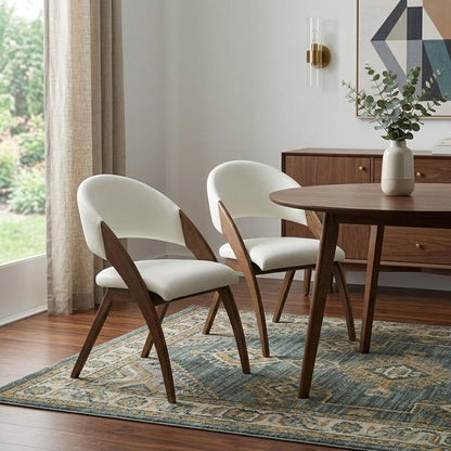 Set of Two Cream and Brown Upholstered Faux Leather Open Back Dining Arm Chairs HomeRoots