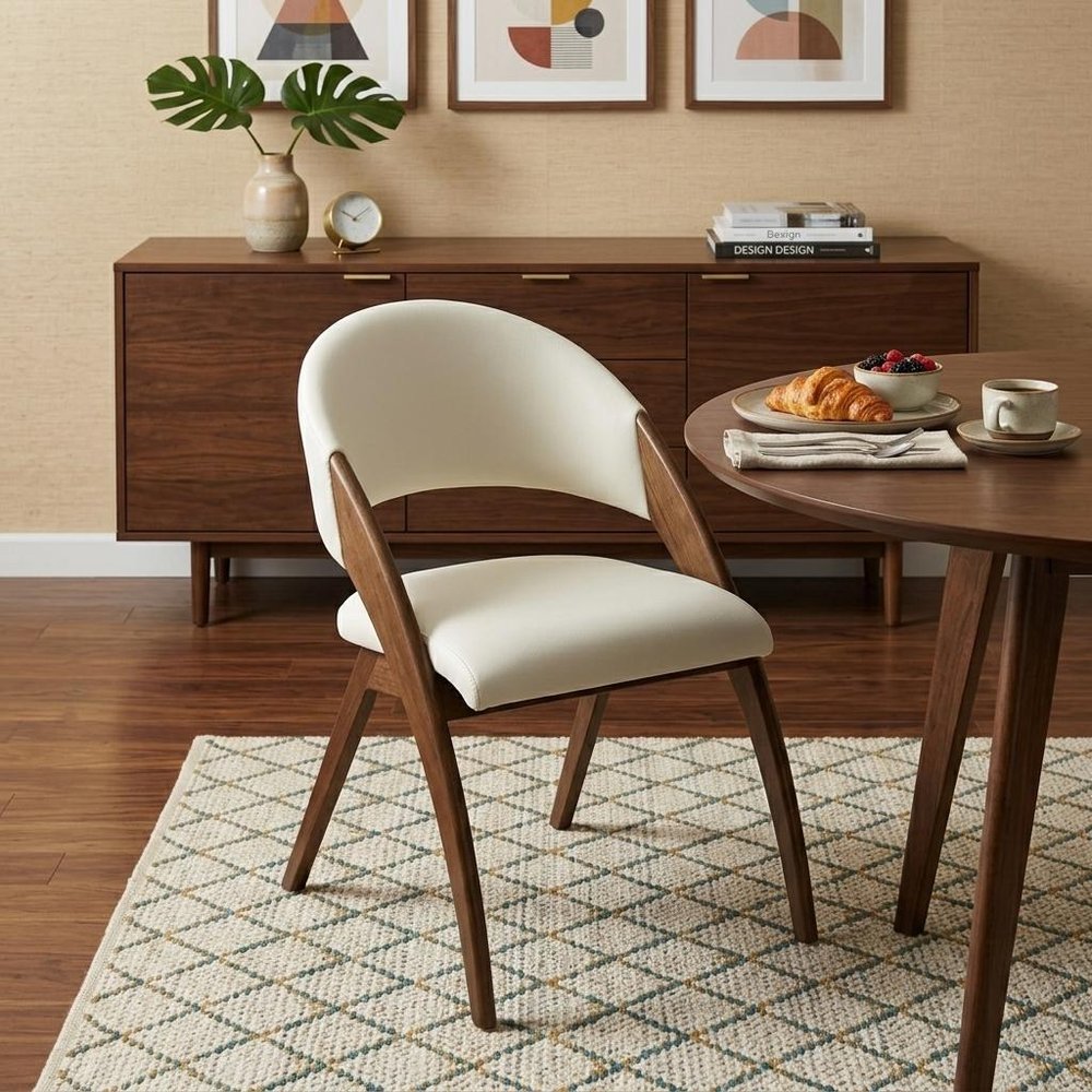 Set of Two Cream and Brown Upholstered Faux Leather Open Back Dining Arm Chairs HomeRoots