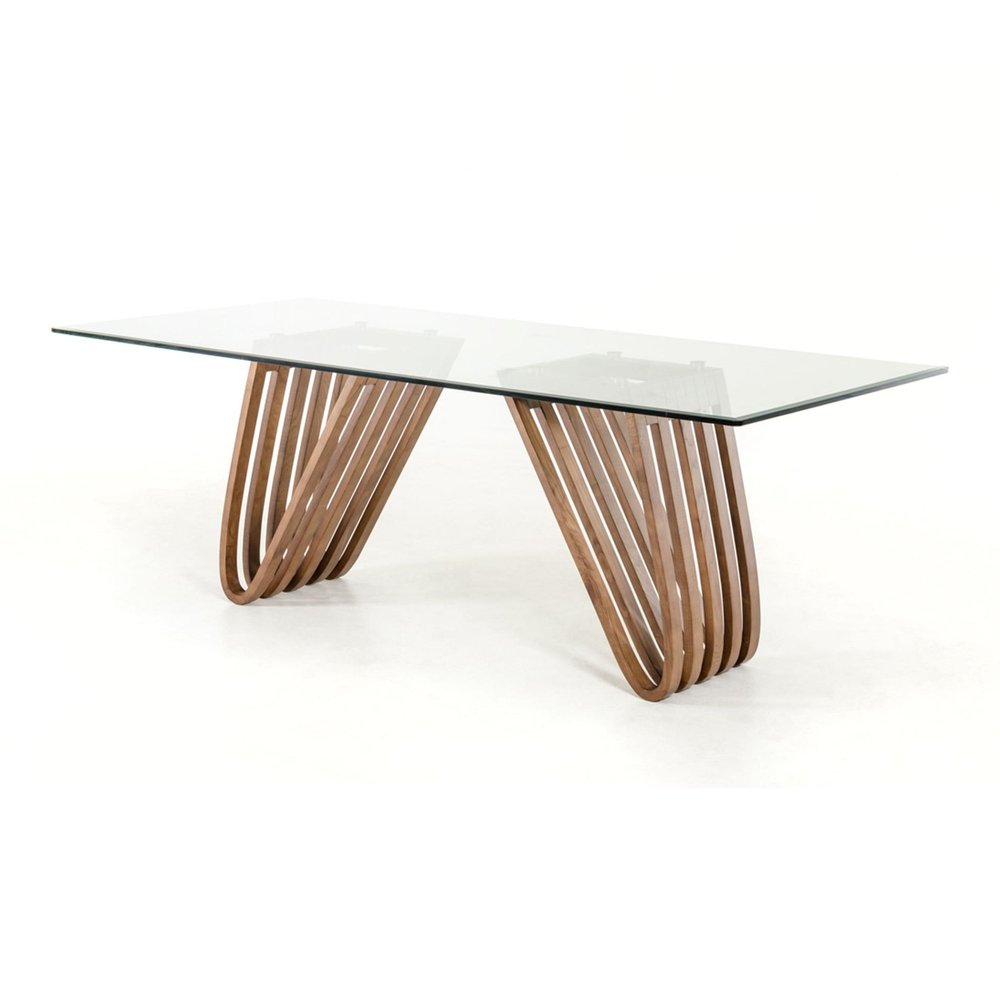 83" Clear And Brown Glass And Solid Wood Double Pedestal Base Dining Table HomeRoots