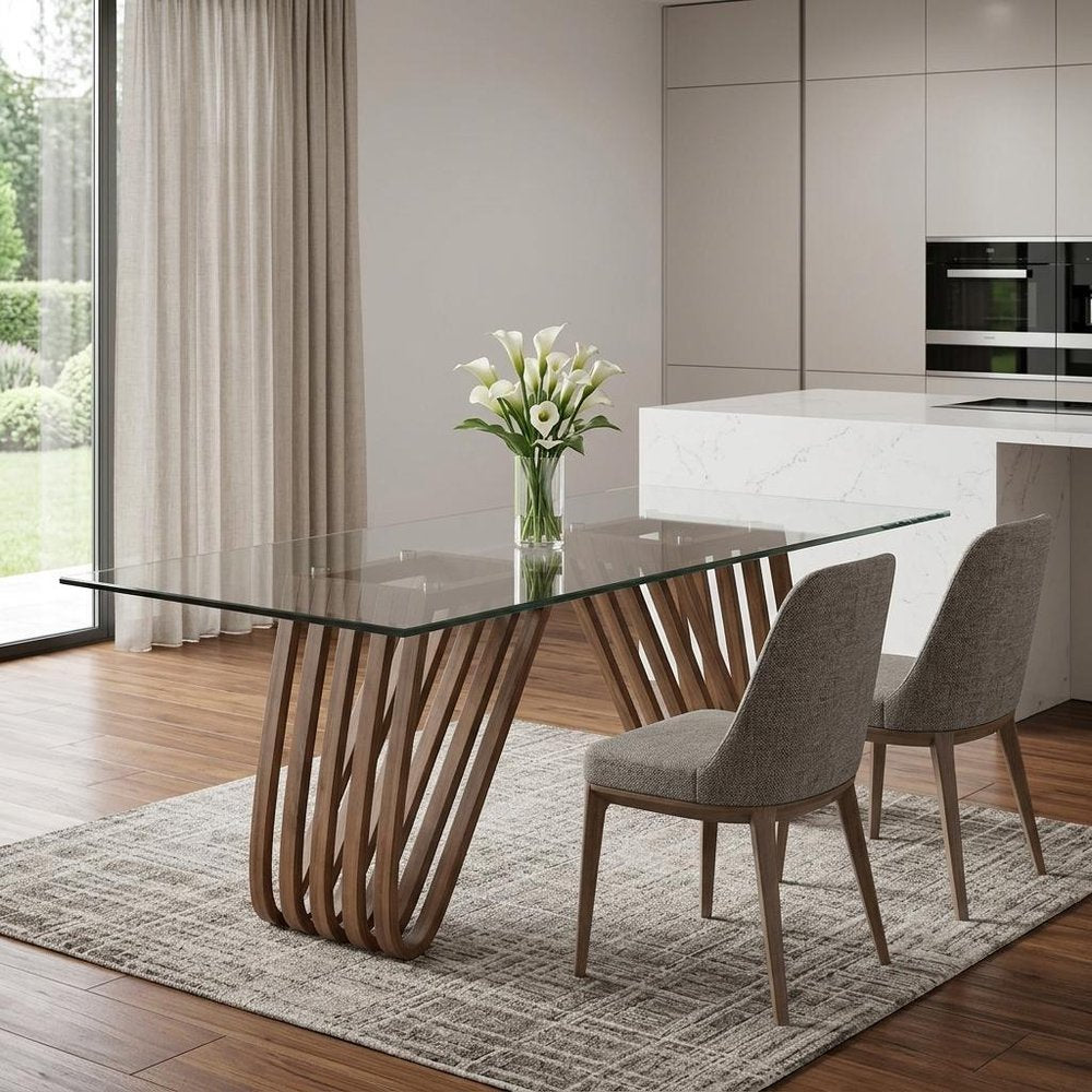 83" Clear And Brown Glass And Solid Wood Double Pedestal Base Dining Table HomeRoots