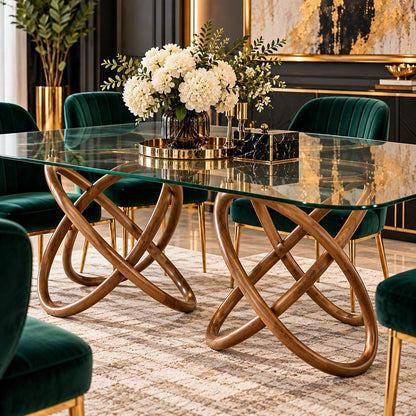 94" Clear And Natural Glass And Solid Wood Pedestal Base Dining Table
