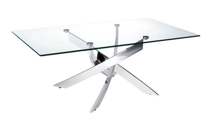 47" Clear and Silver Glass And Steel Cross Legs Coffee Table HomeRoots