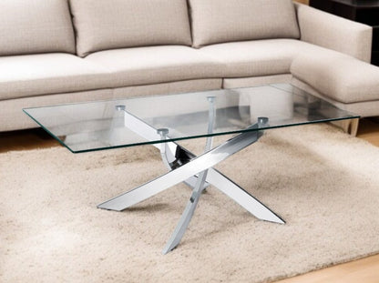 47" Clear and Silver Glass And Steel Cross Legs Coffee Table HomeRoots