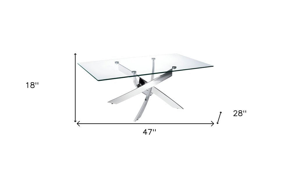 47" Clear and Silver Glass And Steel Cross Legs Coffee Table HomeRoots