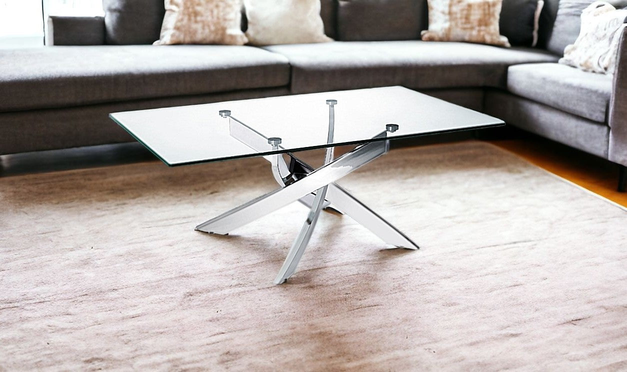 47" Clear And Silver Glass And Steel Coffee Table