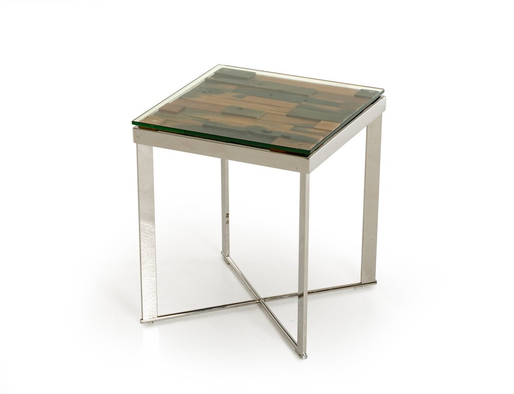 22" Silver and Brown Reclaimed Wood Glass and Steel Square End Table HomeRoots