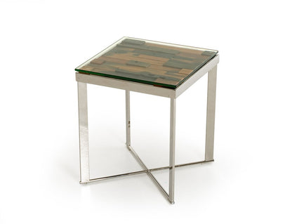 22" Silver and Brown Reclaimed Wood Glass and Steel Square End Table HomeRoots