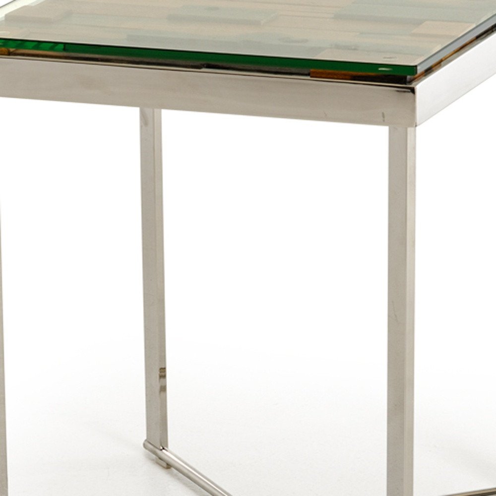 22" Silver and Brown Reclaimed Wood Glass and Steel Square End Table HomeRoots