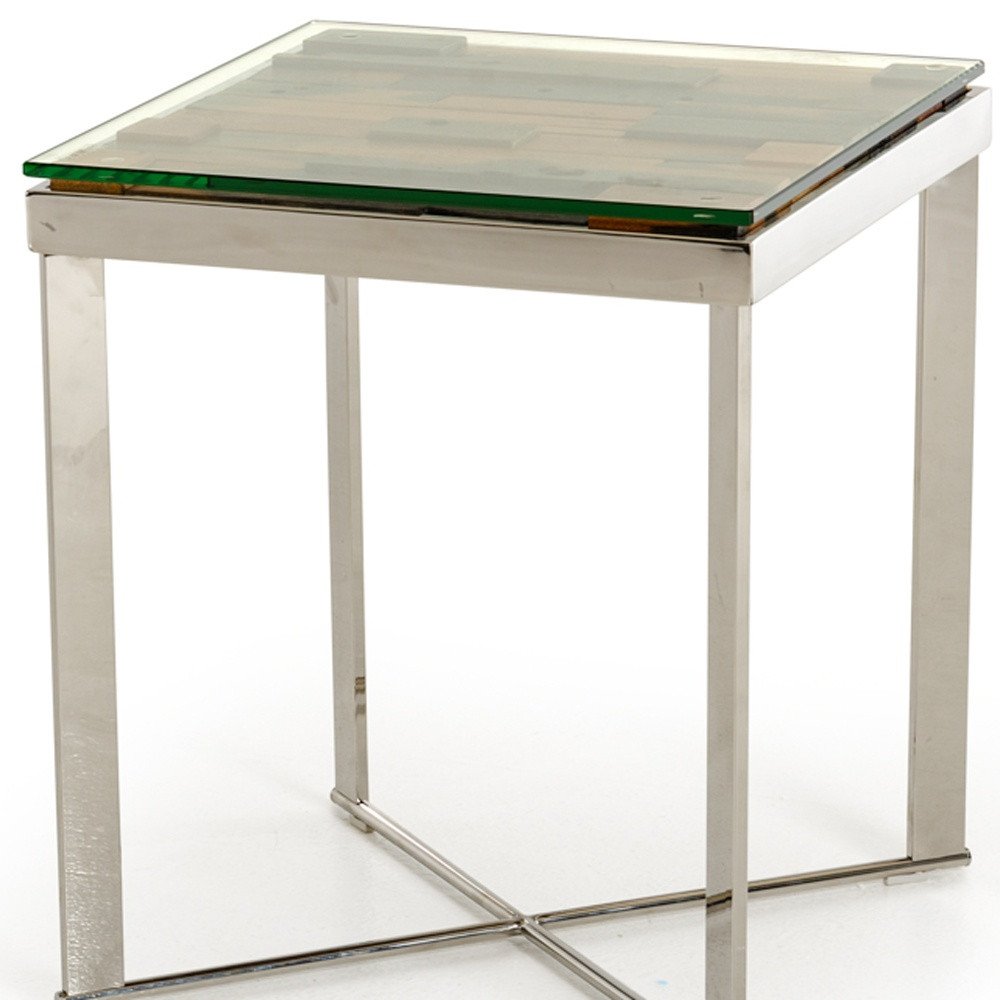 22" Silver and Brown Reclaimed Wood Glass and Steel Square End Table HomeRoots