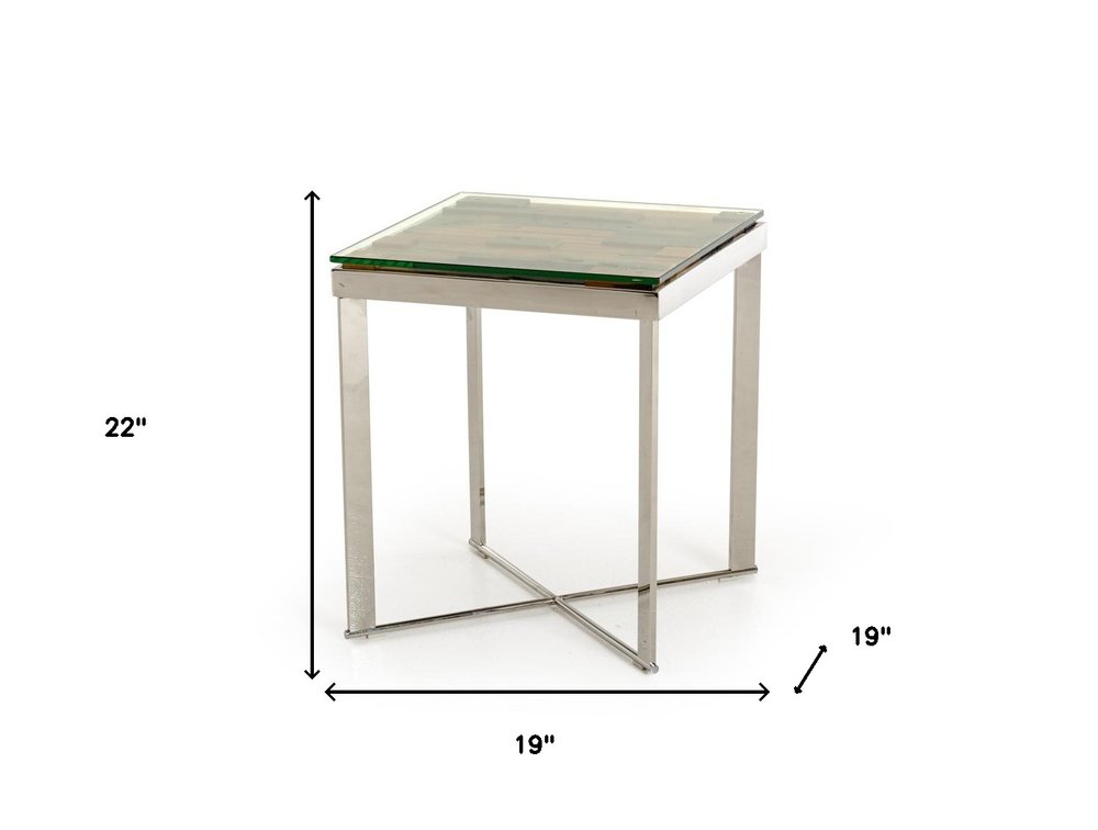 22" Silver and Brown Reclaimed Wood Glass and Steel Square End Table HomeRoots
