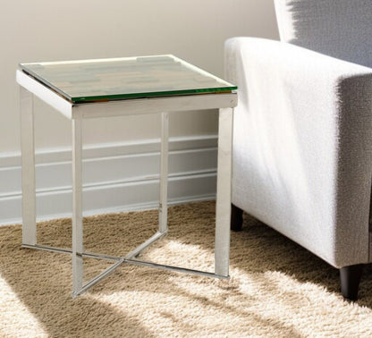 22" Silver and Brown Reclaimed Wood Glass and Steel Square End Table HomeRoots