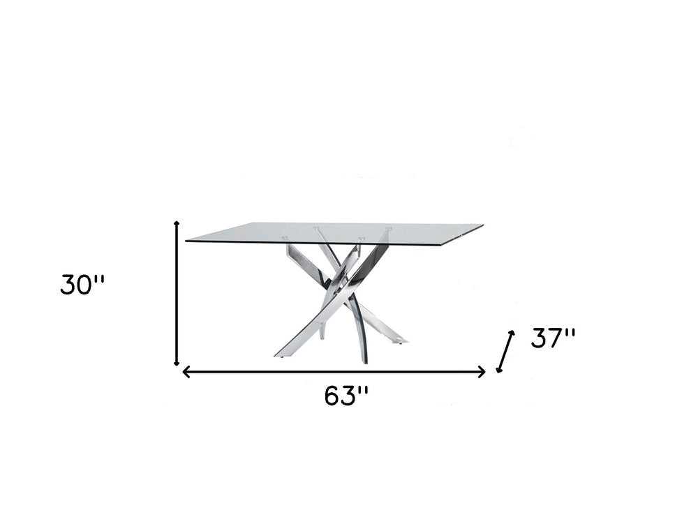 63" Clear And Silver Glass And Stainless Steel Pedestal Base Dining Table HomeRoots