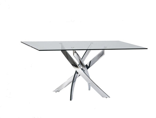 63" Clear And Silver Glass And Stainless Steel Pedestal Base Dining Table HomeRoots