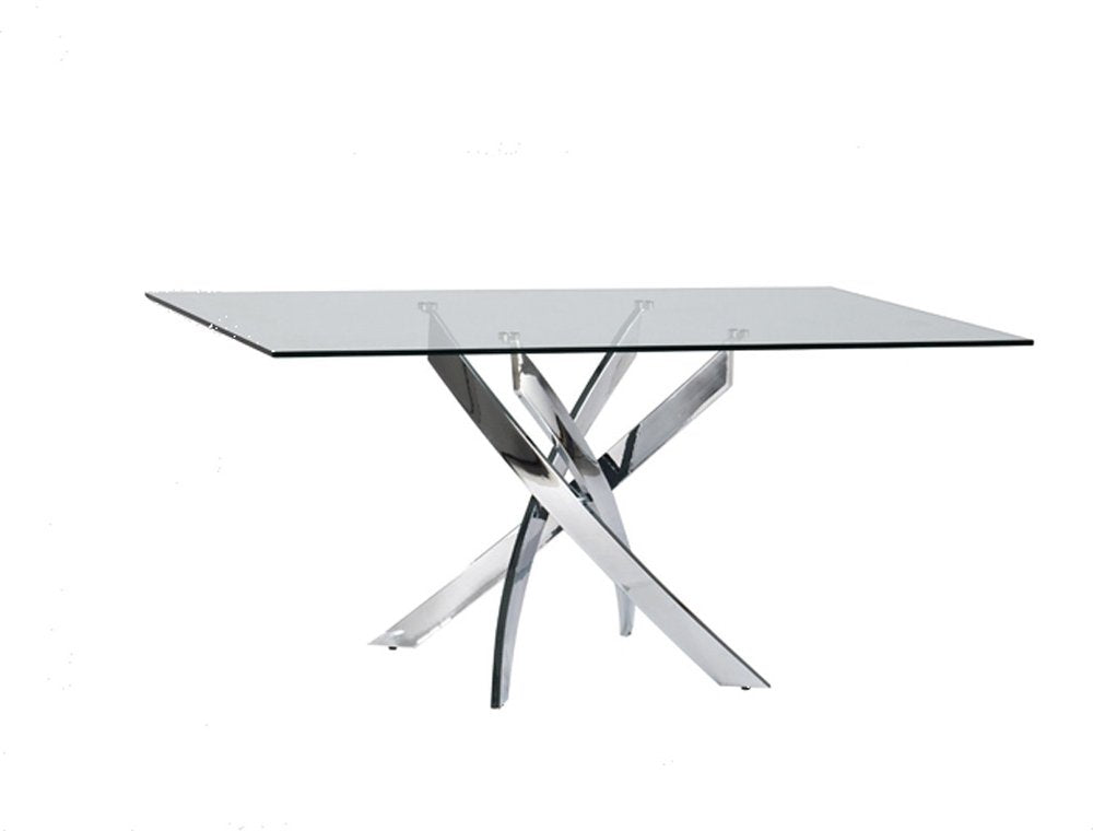 63" Clear And Silver Glass And Stainless Steel Pedestal Base Dining Table HomeRoots