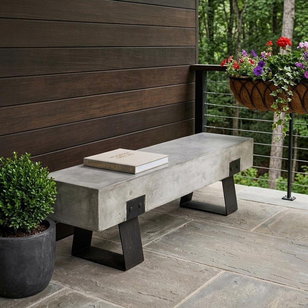 75" Gray and Black Metal and Concrete Indoor Outdoor Bench HomeRoots