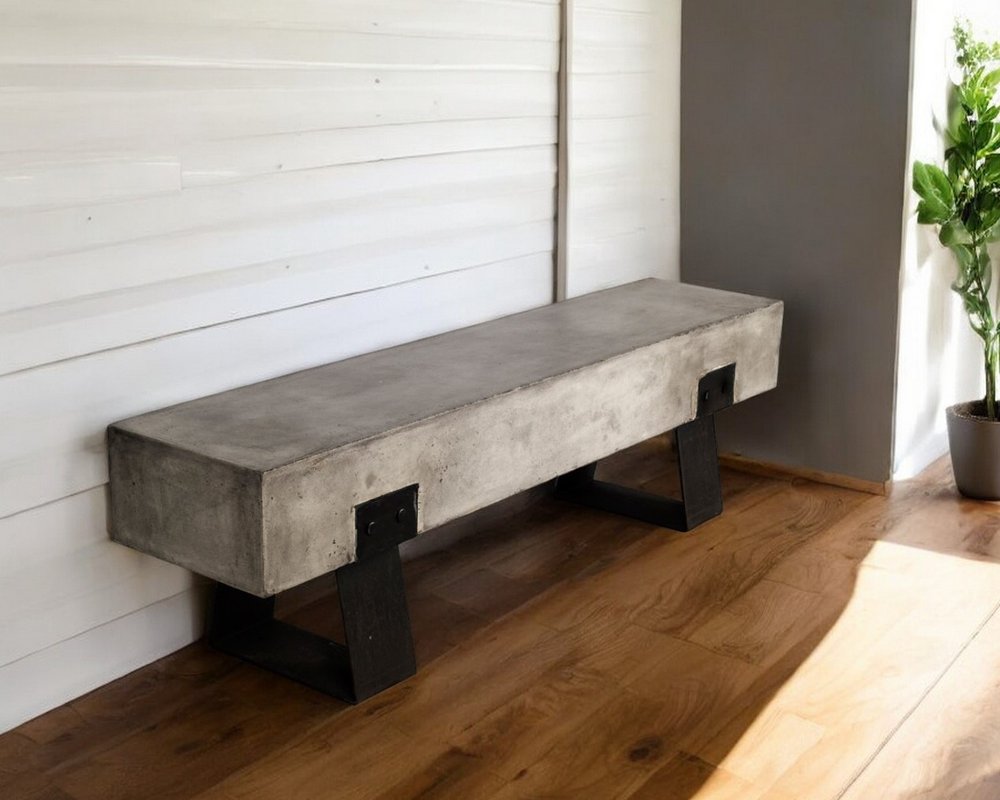 75" Gray and Black Metal and Concrete Indoor Outdoor Bench HomeRoots