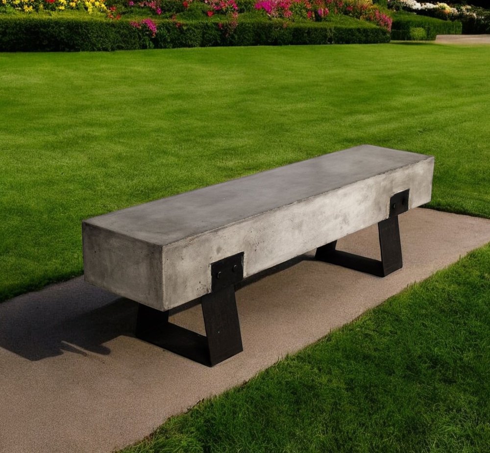 75" Gray and Black Metal and Concrete Indoor Outdoor Bench HomeRoots