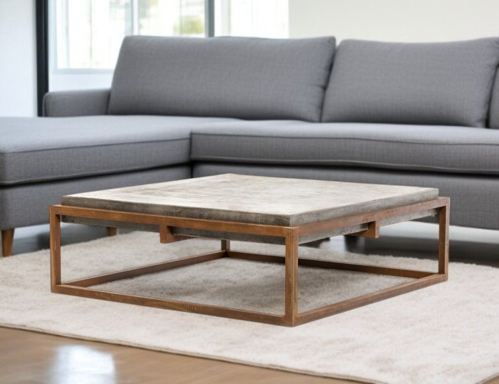42" Dark Gray and Rust Concrete And Iron Square Abstract Coffee Table — view 6