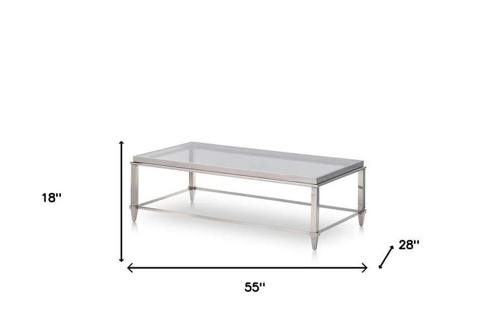 55" Clear and Silver Glass And Steel Coffee Table HomeRoots
