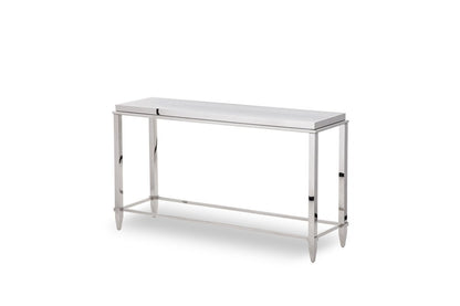 55" Silver Glass and Stainless Steel Frame Console Table HomeRoots
