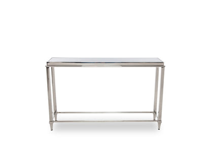 55" Silver Glass and Stainless Steel Frame Console Table HomeRoots