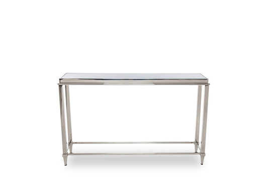 55" Silver Glass and Stainless Steel Frame Console Table HomeRoots