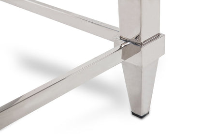 55" Silver Glass and Stainless Steel Frame Console Table HomeRoots