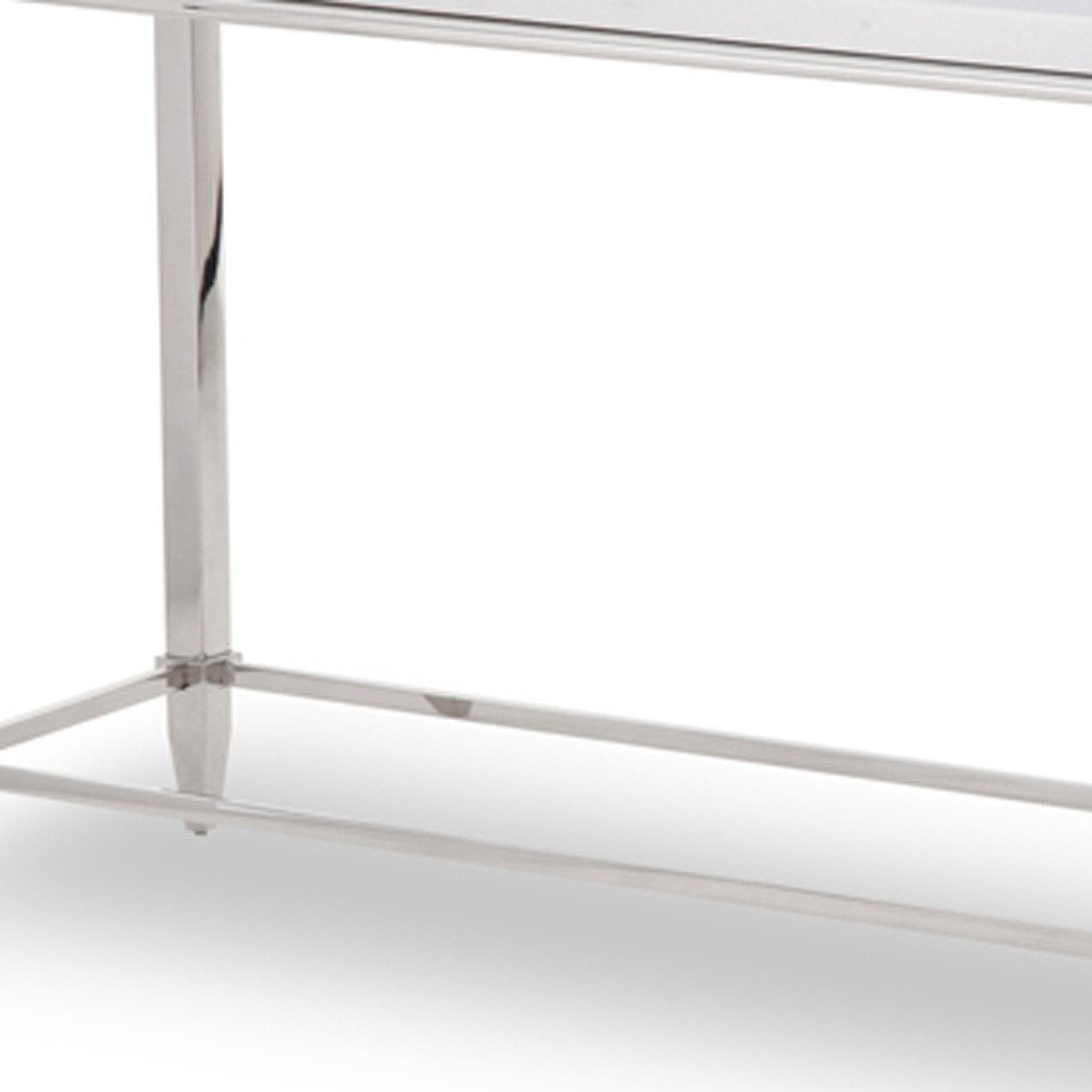 55" Silver Glass and Stainless Steel Frame Console Table HomeRoots