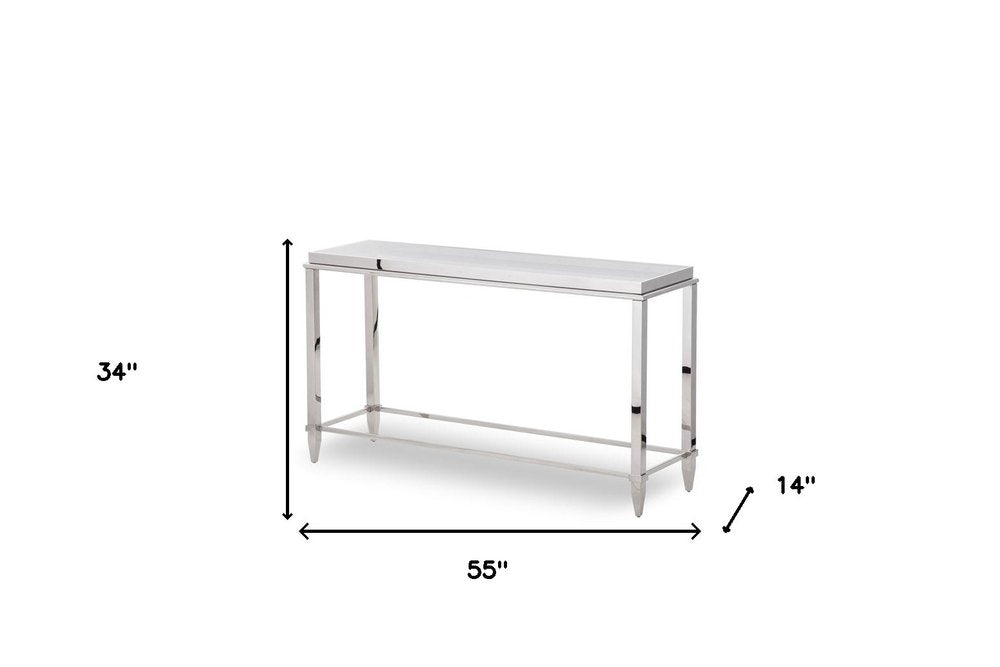 55" Silver Glass and Stainless Steel Frame Console Table HomeRoots