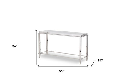 55" Silver Glass and Stainless Steel Frame Console Table HomeRoots